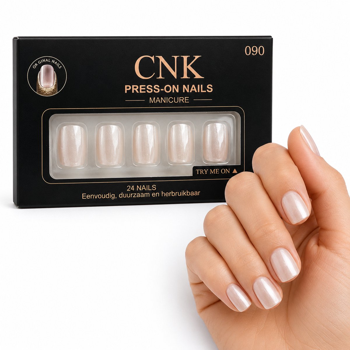 CNK 090 Press On Nails - Plaknagels - 24 Kunstnagels met Nagellijm, 24 Zelfklevende Plakstickers, Cleaner Wipe, Nagelvijl, Woodstick & Size Matcher - Nepnagels voor 7-14 Dagen - Herbruikbare Press-On Nagels - Starterspakket voor Manicure & Nail Art