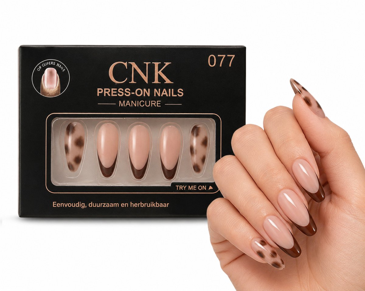 CNK 077 Press On Nails - Plaknagels - 24 Kunstnagels met Nagellijm, 24 Zelfklevende Plakstickers, Cleaner Wipe, Nagelvijl, Woodstick & Size Matcher - Nepnagels voor 7-14 Dagen - Herbruikbare Press-On Nagels - Starterspakket voor Manicure & Nail Art