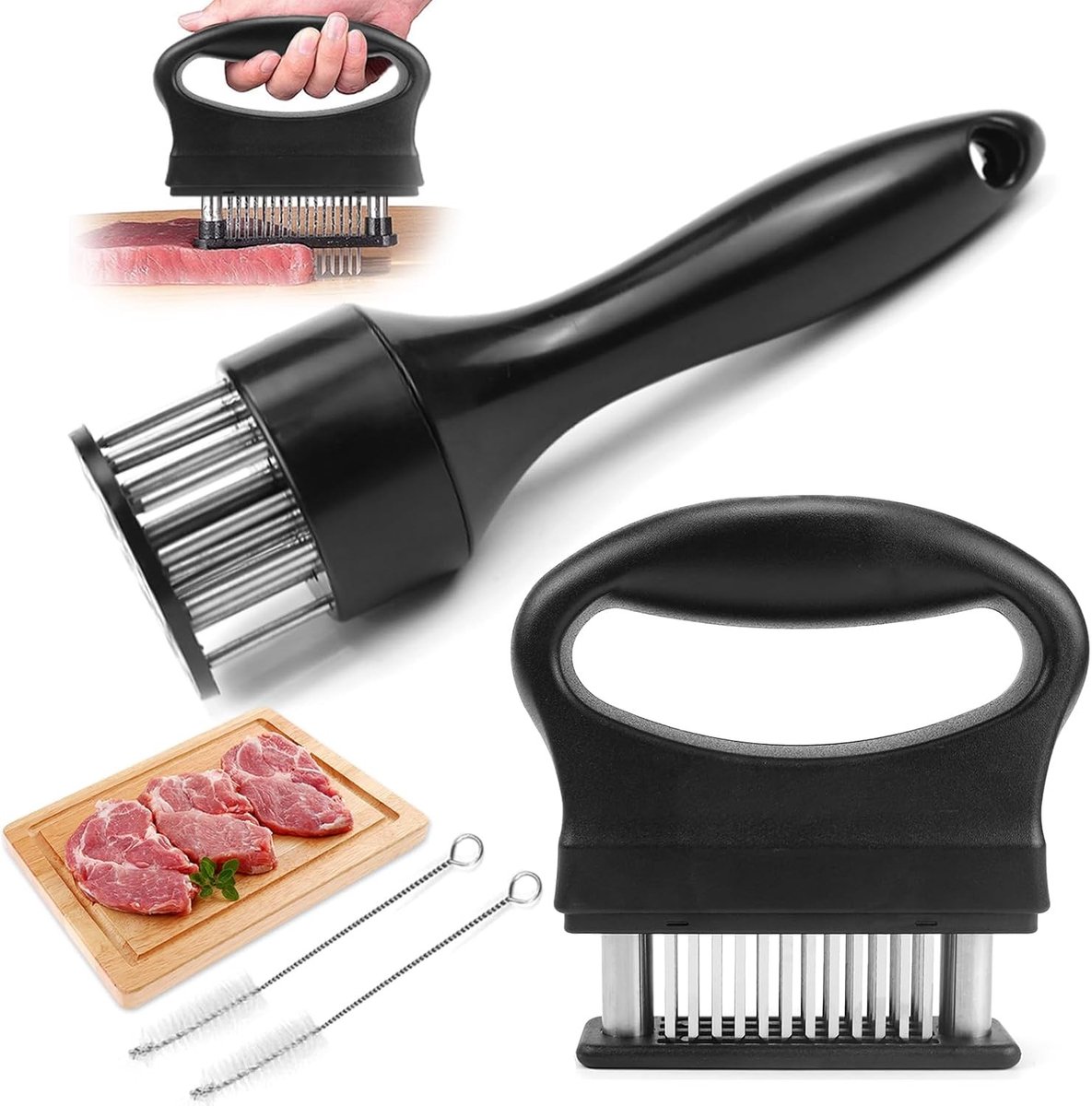RVS Vleesvermalser Set van 2 (Rechthoekig en Rond) met 2 Schoonmaakborstels, Ideaal voor Rundvlees en Varkensvlees, Keukenaccessoires voor Perfecte Steakbereiding