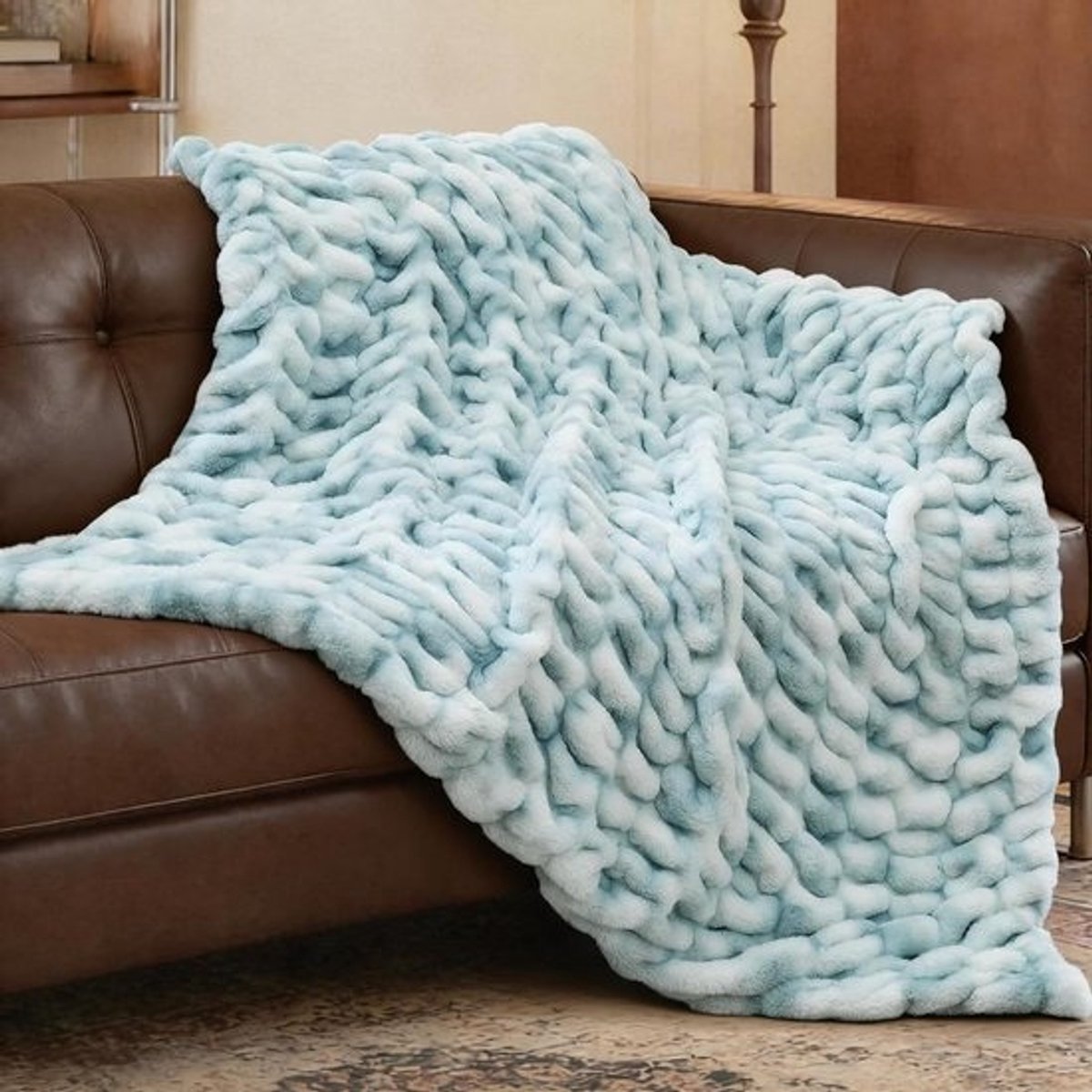 Luxe Pluche Deken - Pluizige Plaid - Gezelligheid Vergroten - Dubbelzijdig Zacht Bont - 127 x 152 cm - Tie-dye Blauw