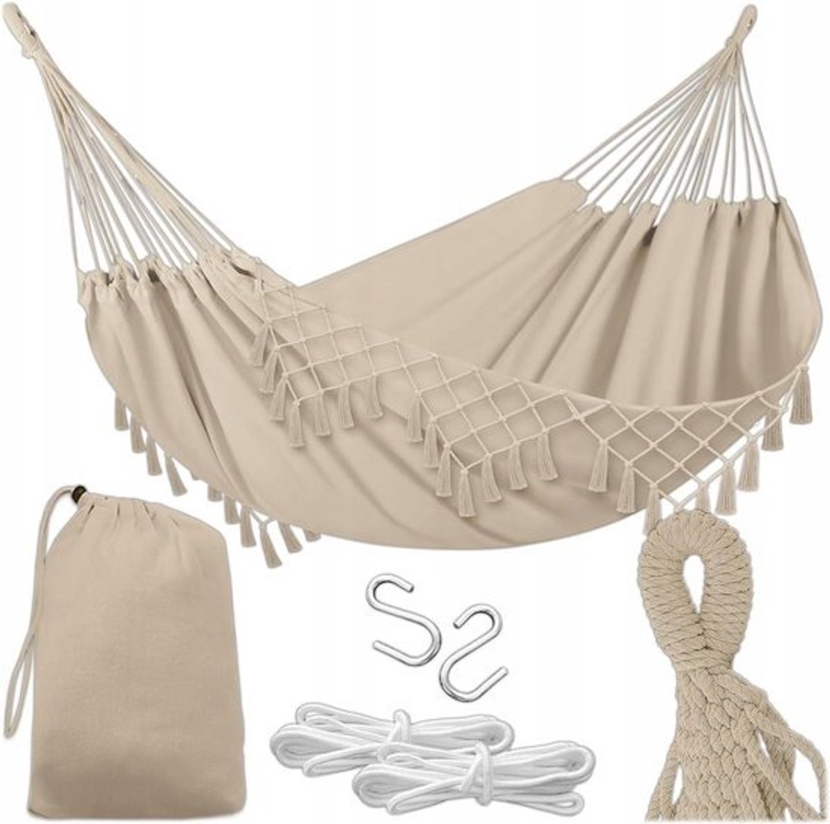Hangmat met franjes - Boho hangmat Liggemat - Ontspannen buiten - Boho design met franjes - 190 x 150 cm