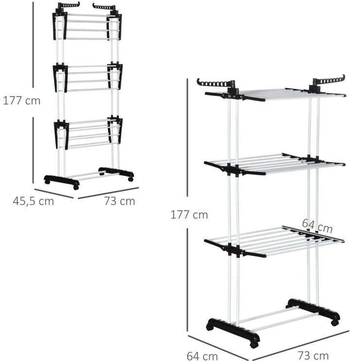 Opvouwbaar droogrek 73 × 64 × 177 cm zwart metaal handdoekenrek met meerdere lagen en 4 wielen voor eenvoudig verplaatsen stabiel en duurzaam geschikt voor balkon badkamer en terras