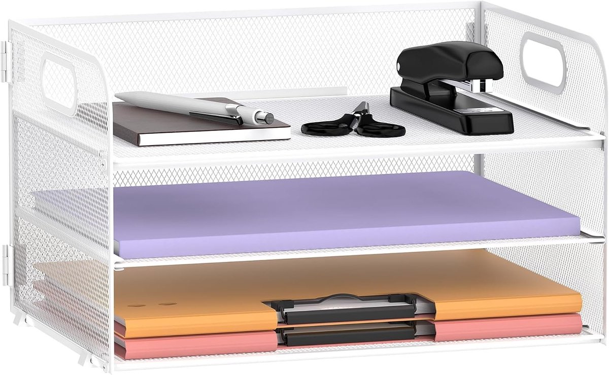 3-laags Papier Organizer met Handvat, Mesh Bureau Organizer, Documentenhouder voor A4 Mappen en Papieren, Wit