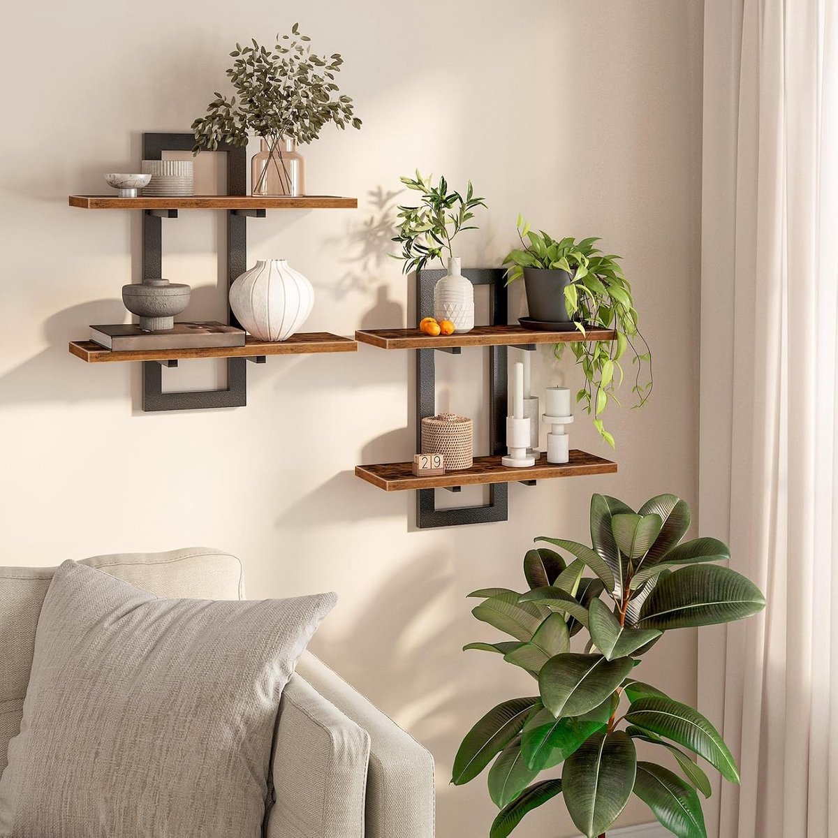 Set van 2 Wandplanken, Muurplanken voor Opberging en Decoratie, Hangende Planken voor Keuken en Woonkamer, Rustiek Bruin en Zwart