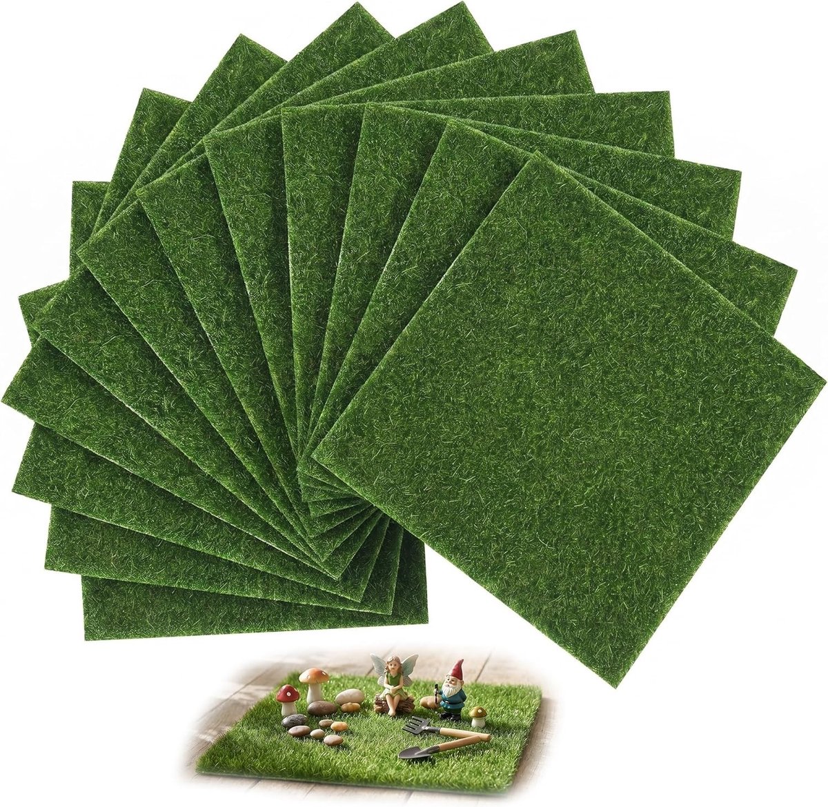Set van 12 Kunstgras Platen 15 x 15 cm voor Miniatuurtuinen, Decoratie en Ambachten