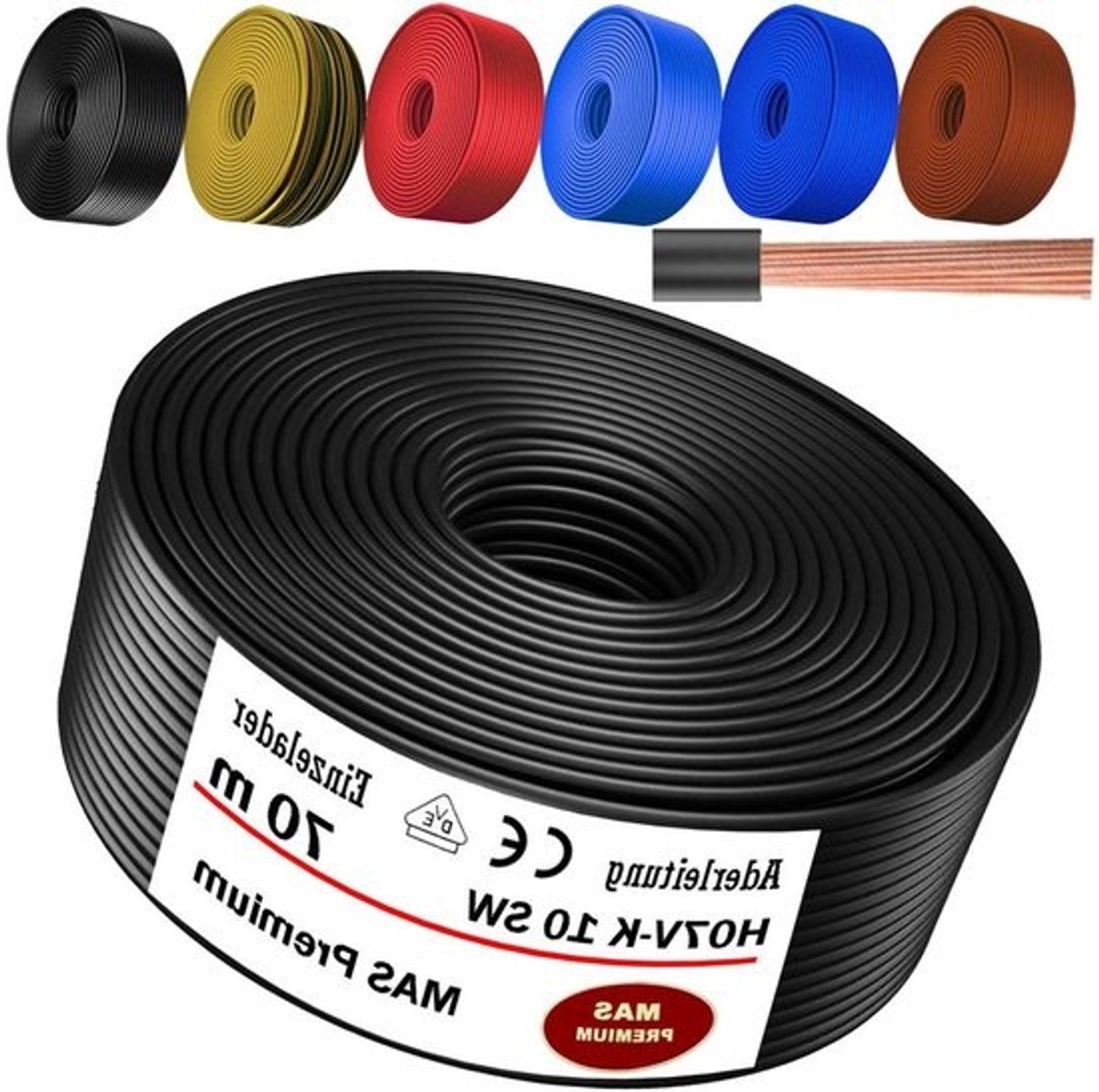 Aderkabels H07V-K - Enkele ader Flexibele kabel - Elektrische installaties - Fijndradig koper - 10 mm² - Zwart