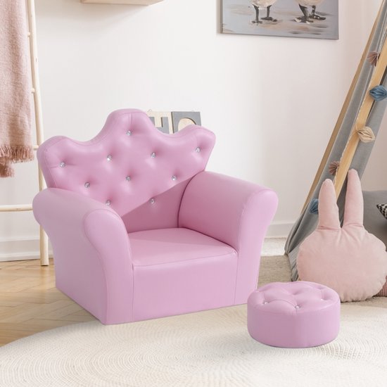 Kinder sofa set met voetenbank Roze PU Leer 58x40,5x49cm Geschikt voor 3-7 jaar Meisjes Kroon Rugleuning 50kg voor Slaapkamer Speelkamer — afbeelding 3