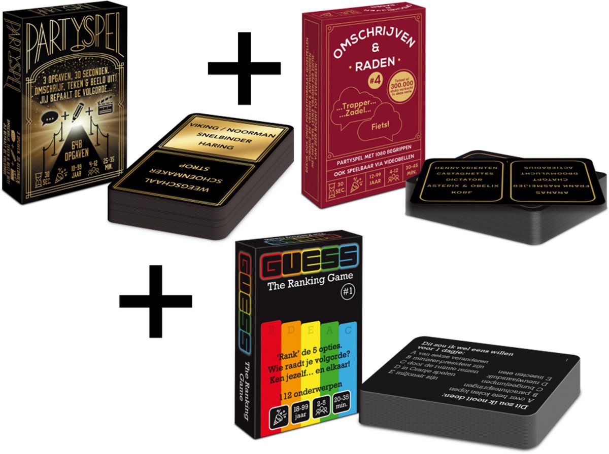 PARTYMIX - COMBI-DEAL: PARTYSPEL #1 - quizpuzzels - pocketformaat Party en Raadspel / Tekenen / Uitbeelden + Omschrijven & Raden #4 - Aanvulset / Uitbreiding - 30 seconden limiet + GUESS The Ranking Game #1 - vragenspel / raadspel / gespreksstarter