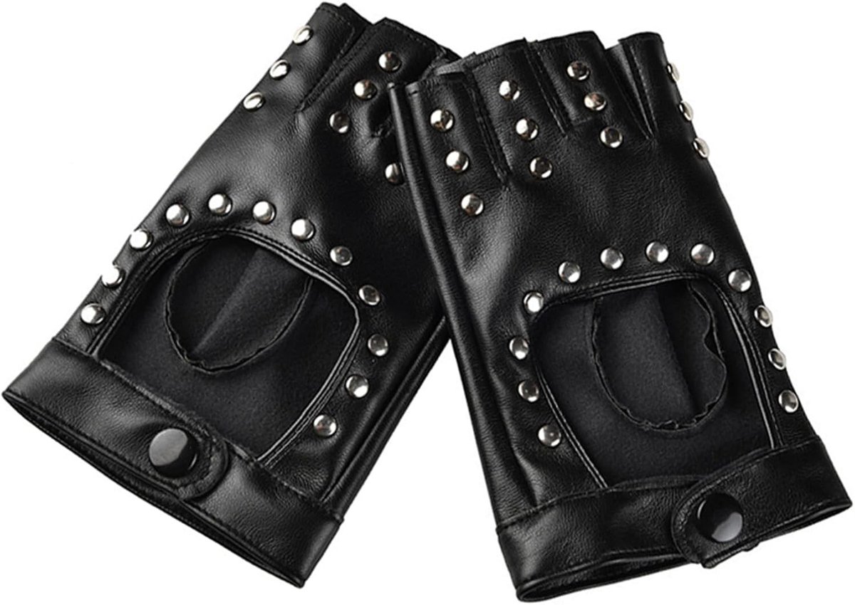 Vingerloze leren handschoenen met studs voor punkstijl, cosplay, hiphop en dansfeesten - Zwart M