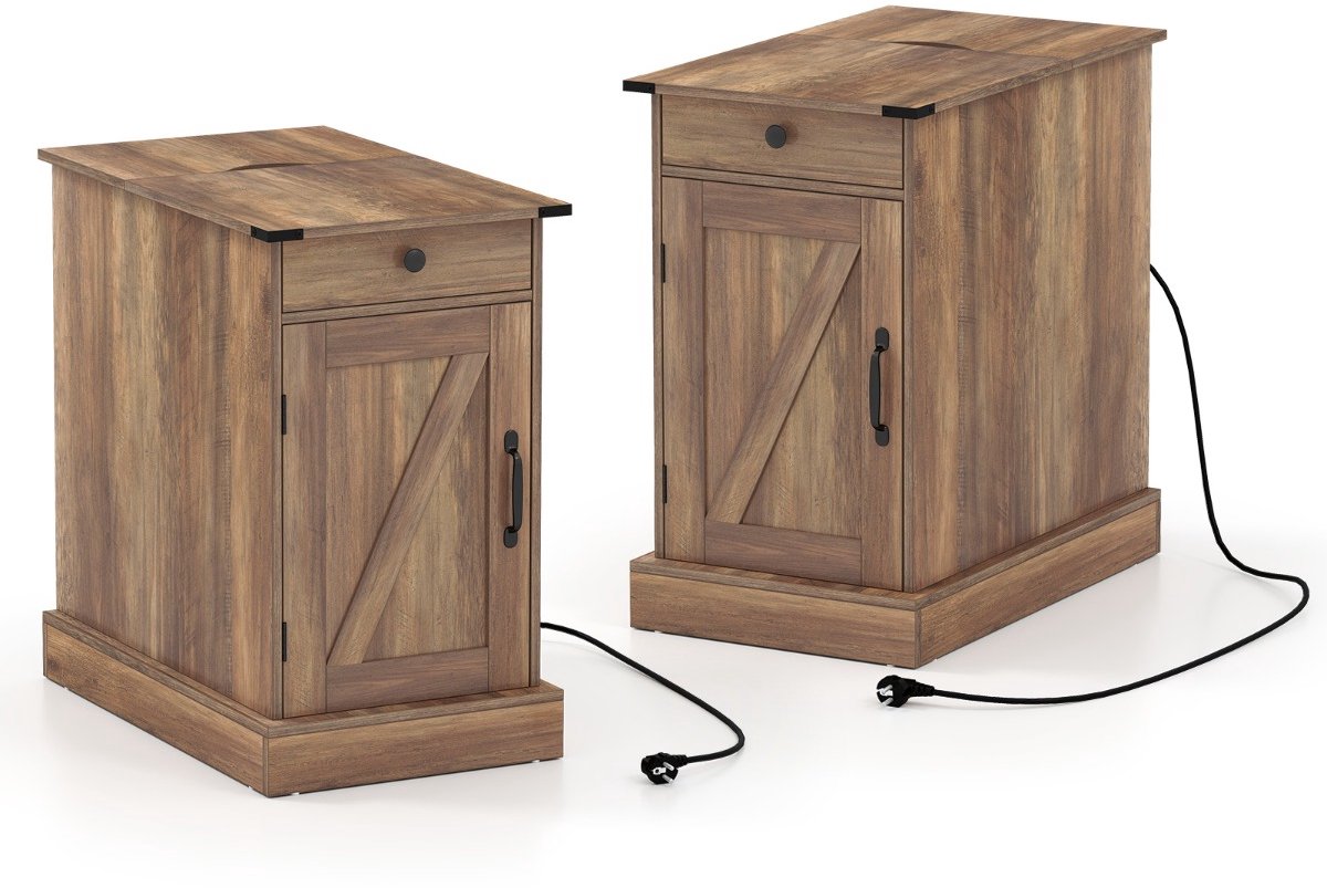 SureDeal® - Bijzettafel - Dressoir - Oplaadstation Nachtkastje - Neerklapbaar Tafelblad - 35x60x62 cm - Bruin