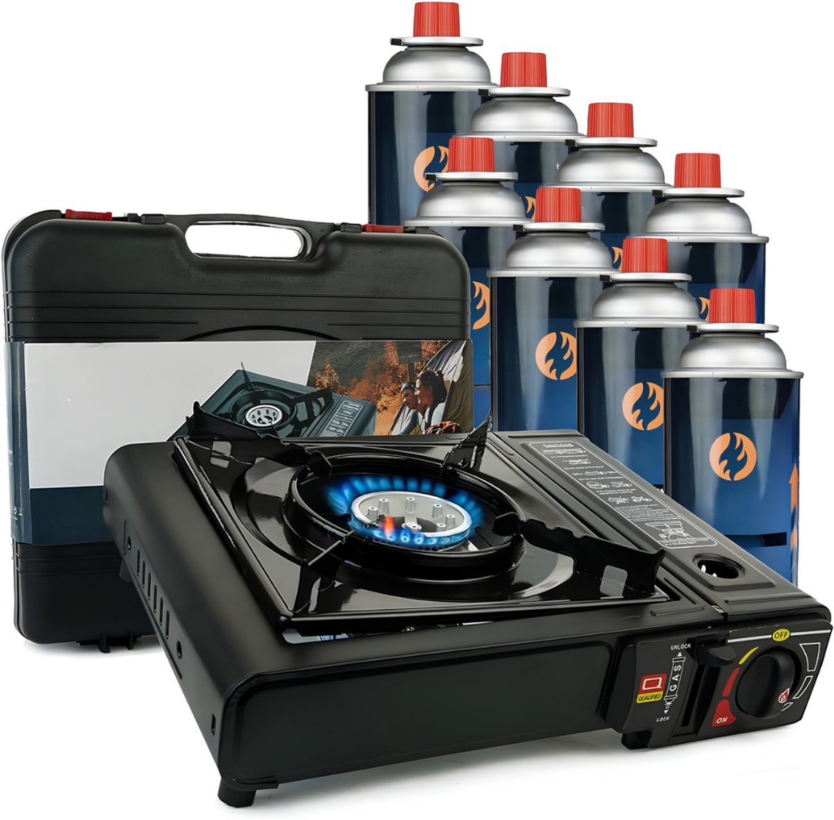 KIRA® Gasfornuis - Met 8 gasflessen - Camping Kooktoestel Gas - Camping Kooktoestel - Zwart - 34cm x 26cm x 8cm