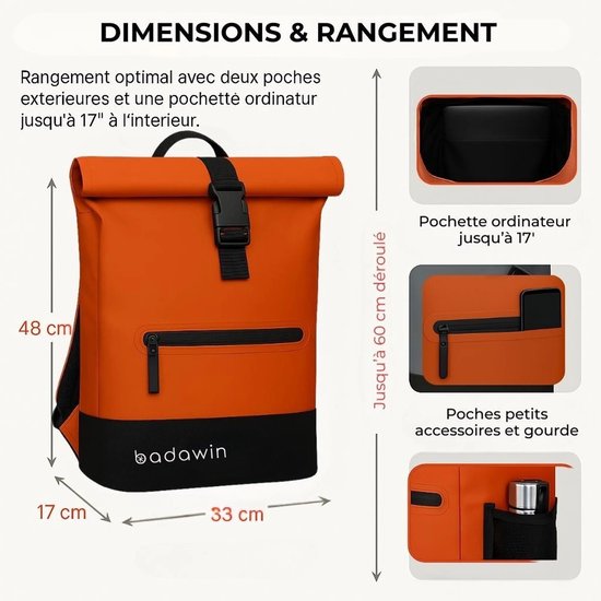BADAWIN - "Anna" 2-in-1 fietsrugzak Oranje - fietsrugzak waterdicht - fietstas bagagedrager - fietstas met haken - rolltop rugzak waterdicht - laptop fietstas - fietstas rugzak combinatie — afbeelding 3