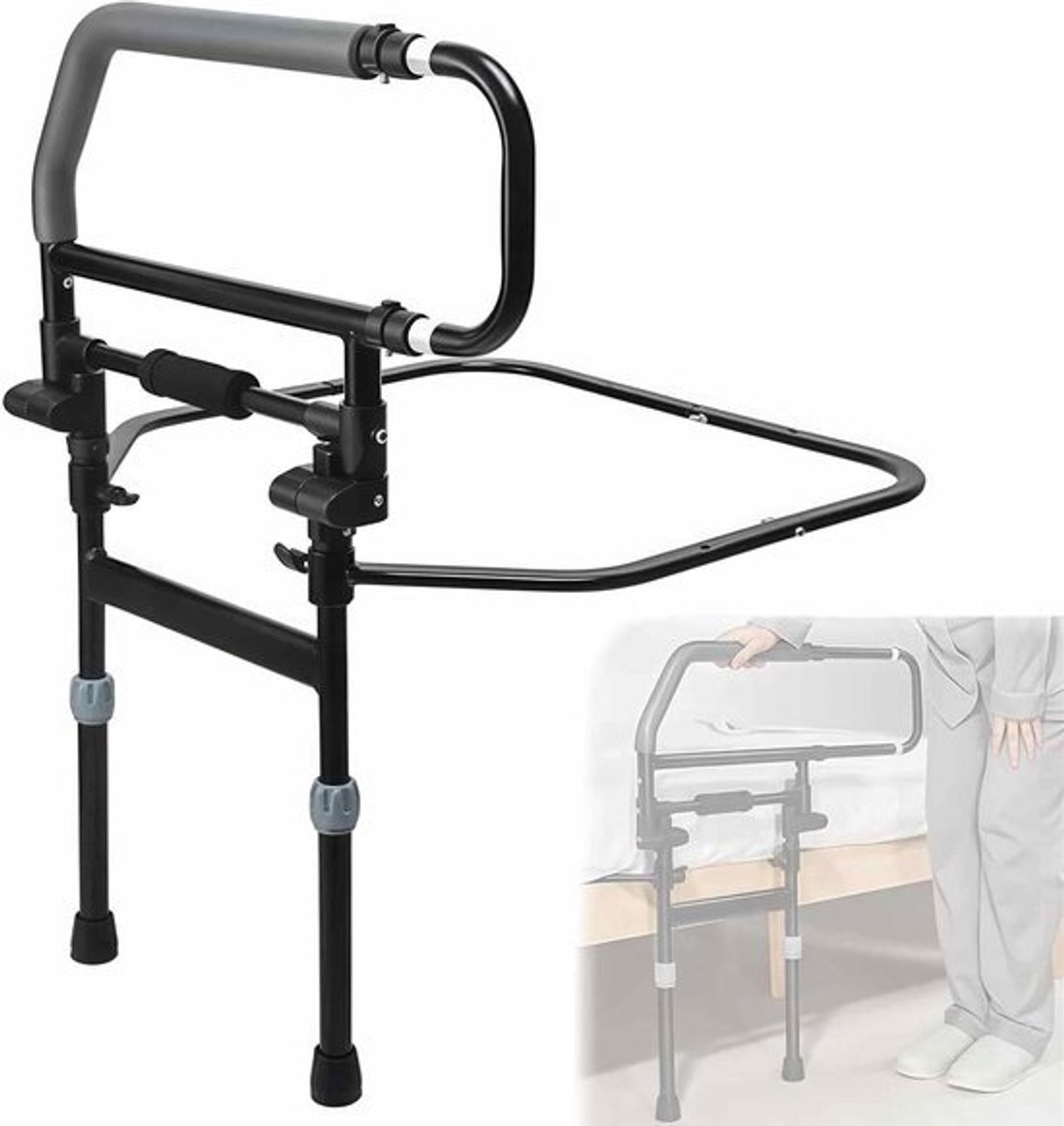 Opvouwbare bedrail - Bedhek hulpbeugel - Veilig in bed stappen - Uitschuifbare handgreep - 53-73 cm hoogte - Zwart