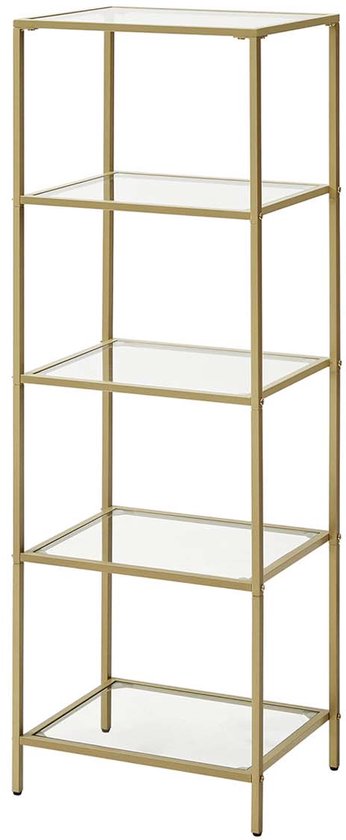 Gouden 5-laags rek met glazen planken, op witte achtergrond.