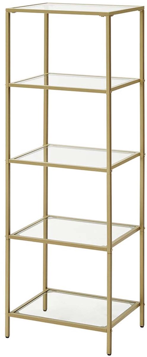 Opbergrek 5-laags trapeziumvormige boekenkast Displayrek 30 x 40 x 124.5 cm goud Stalen frame met gehard glazen planken met verstelbare voetjes en anti-kantelvoorziening Ruimtebesparend Geschikt voor slaapkamer badkamer en thuiskantoor