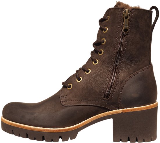 Bruine leren Panama Jack veterboot met hak en profielzool. Goudkleurige veteroogjes en ritssluiting.