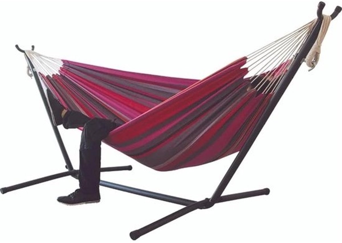 Dubbele Hangmat - Buitenhangmat Tuin - Ontspannen in de tuin - Ruimtebesparende stalen standaard - 265x150cm - Gekleurd