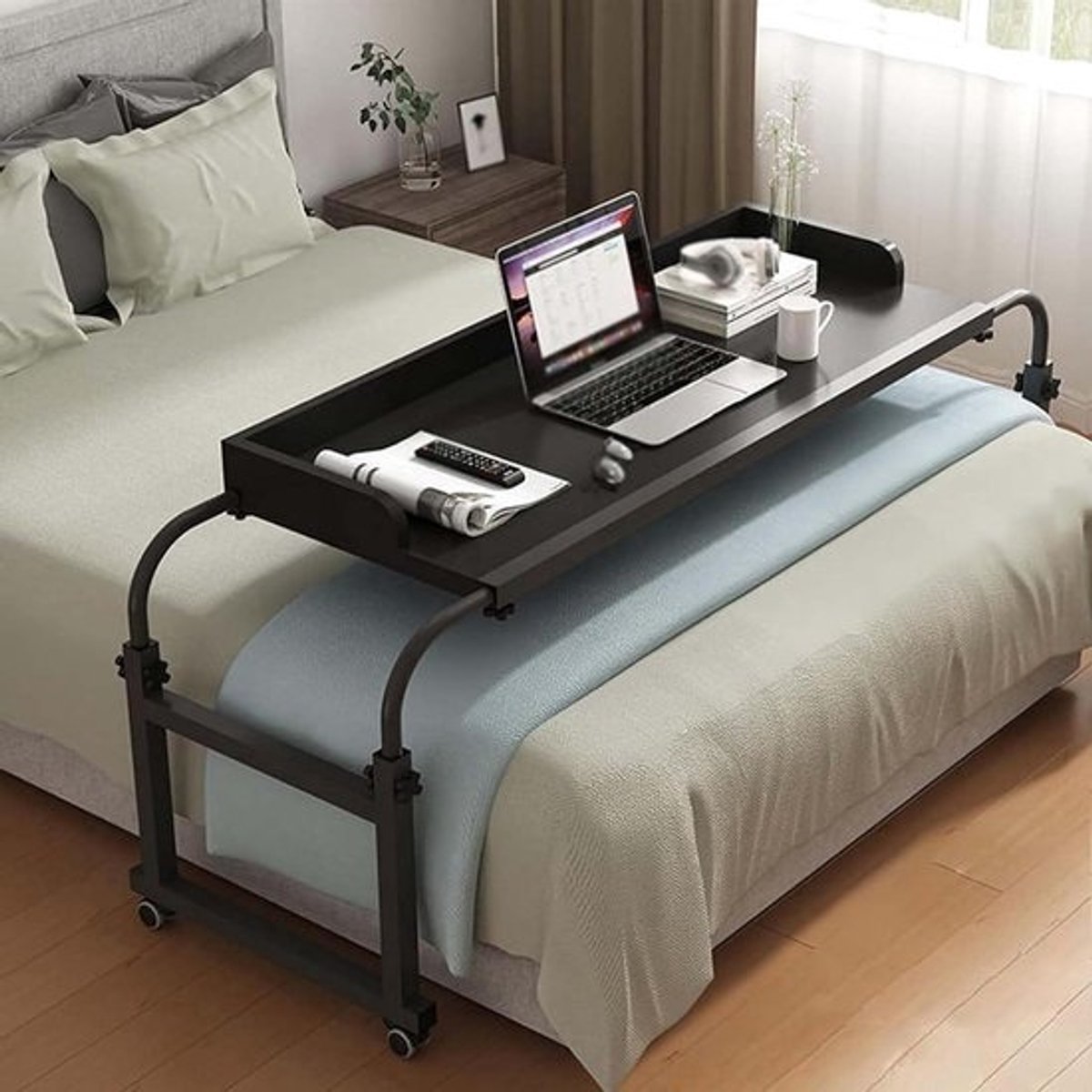 Bedtafel - Bijzettafel Bed - Werken en Eten - Verstelbare Breedte - 115-210 cm Breed - Zwart