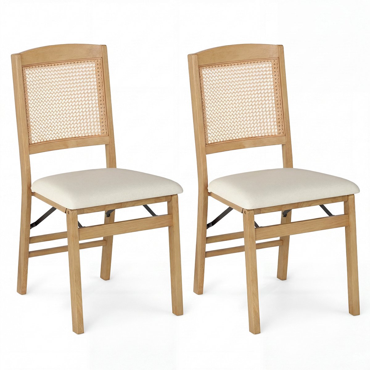 SureDeal® - Eettafel - Opvouwbare Eetkamerstoelen Houten - Rotan Rugleuning - Gestoffeerde Linnen Zitting - 43x52,5x88 cm - Naturel