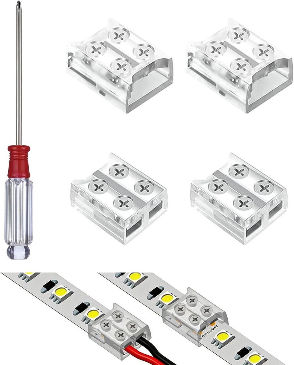Set van 4 Stuks 2-Pin 8mm LED Strip Connectoren met Schroefbevestiging voor 5V, 12V en 24V SMD en COB Tape Lichten, Ideaal voor DIY Verlichtingsprojecten