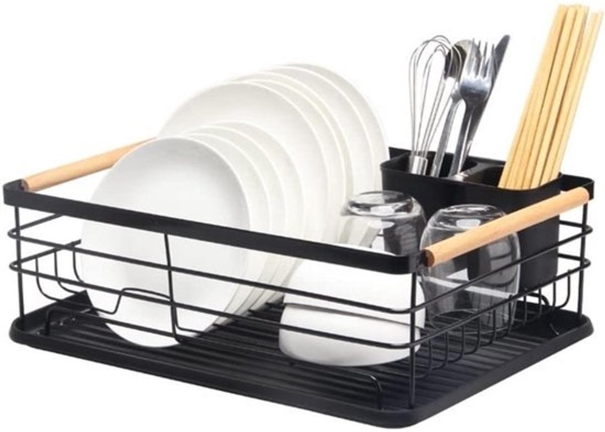 Afdruiprek Keuken - Droogrek Bestekhouder - Keuken Ordenen - Met Lekbak - 48D x 35B x 20H cm - Zwart