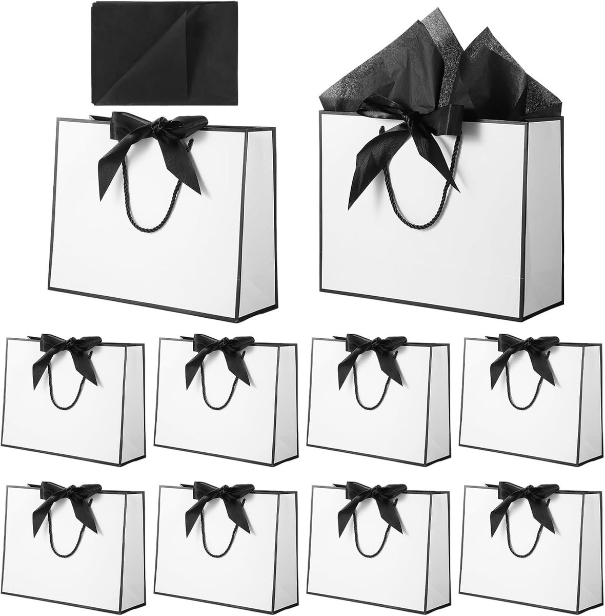 10 geschenkzakken met handgrepen en striklint, zwart-wit, ideaal voor bruiloften, babyshowers en feestelijke gelegenheden