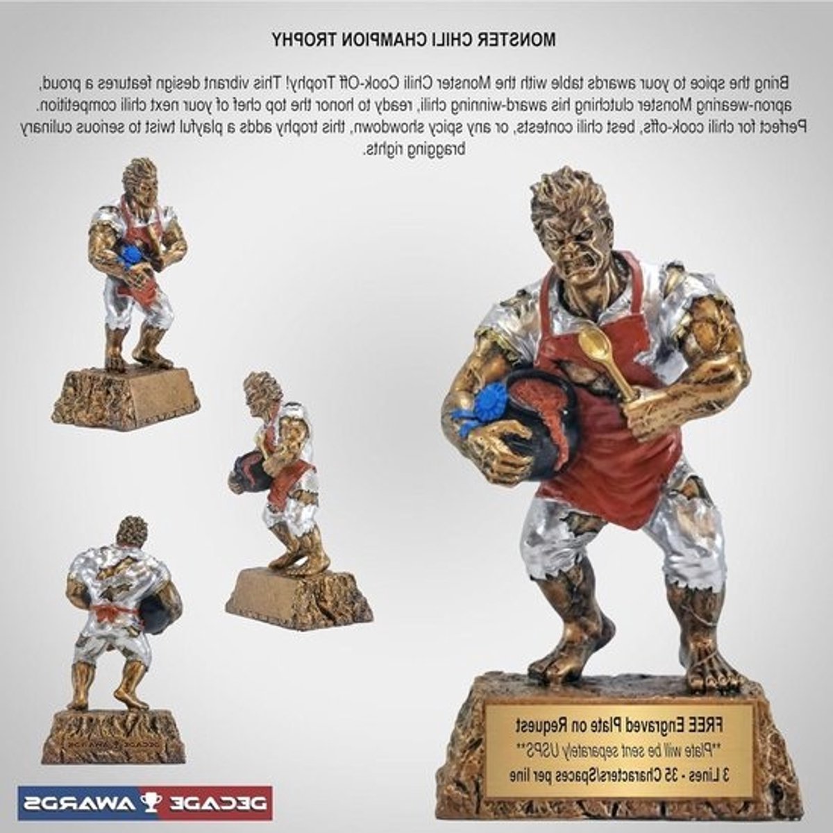 Chili Cook-Off Trofee - Winst Trofee - Wedstrijd Prijs - Monster Design - 16.5 cm hoog - Goud Zilver Rood
