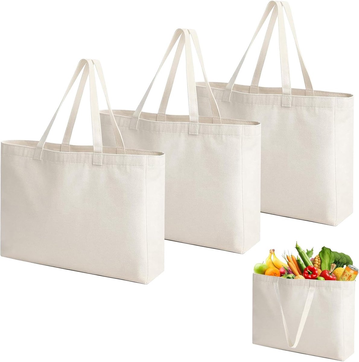 2 Stuks Katoenen Tassen, 45 x 35 x 8 cm Grote Herbruikbare Shopper, Milieuvriendelijke Stoffen Tas voor Boodschappen en Sportactiviteiten