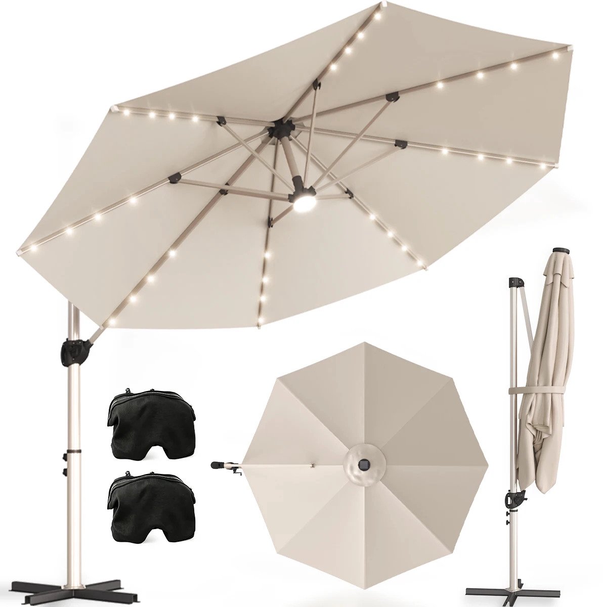Gudalio Parasol - Zweefparasol - Tuinparasol - Kantelbaar - LED - Waterafstotend - Met Voet - UV-Bescherming - 300 cm - Kaki