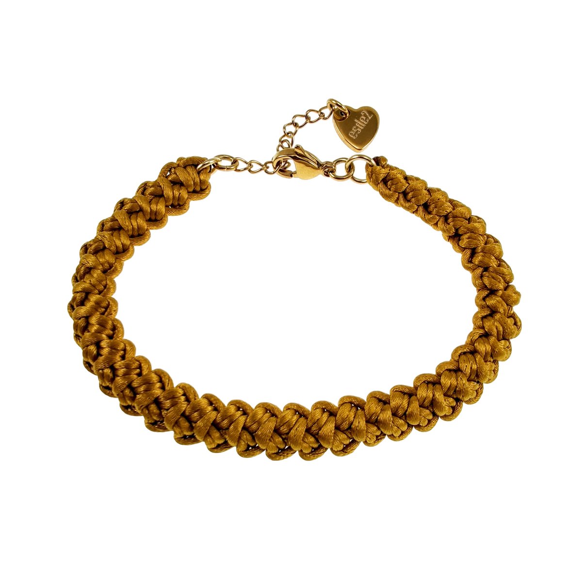 Gehaakte Damesarmband van Amber Zijdeachtig Koord, RVS Verguld, Handgemaakt door esde2 - Verstelbaar 15 tot 18 cm