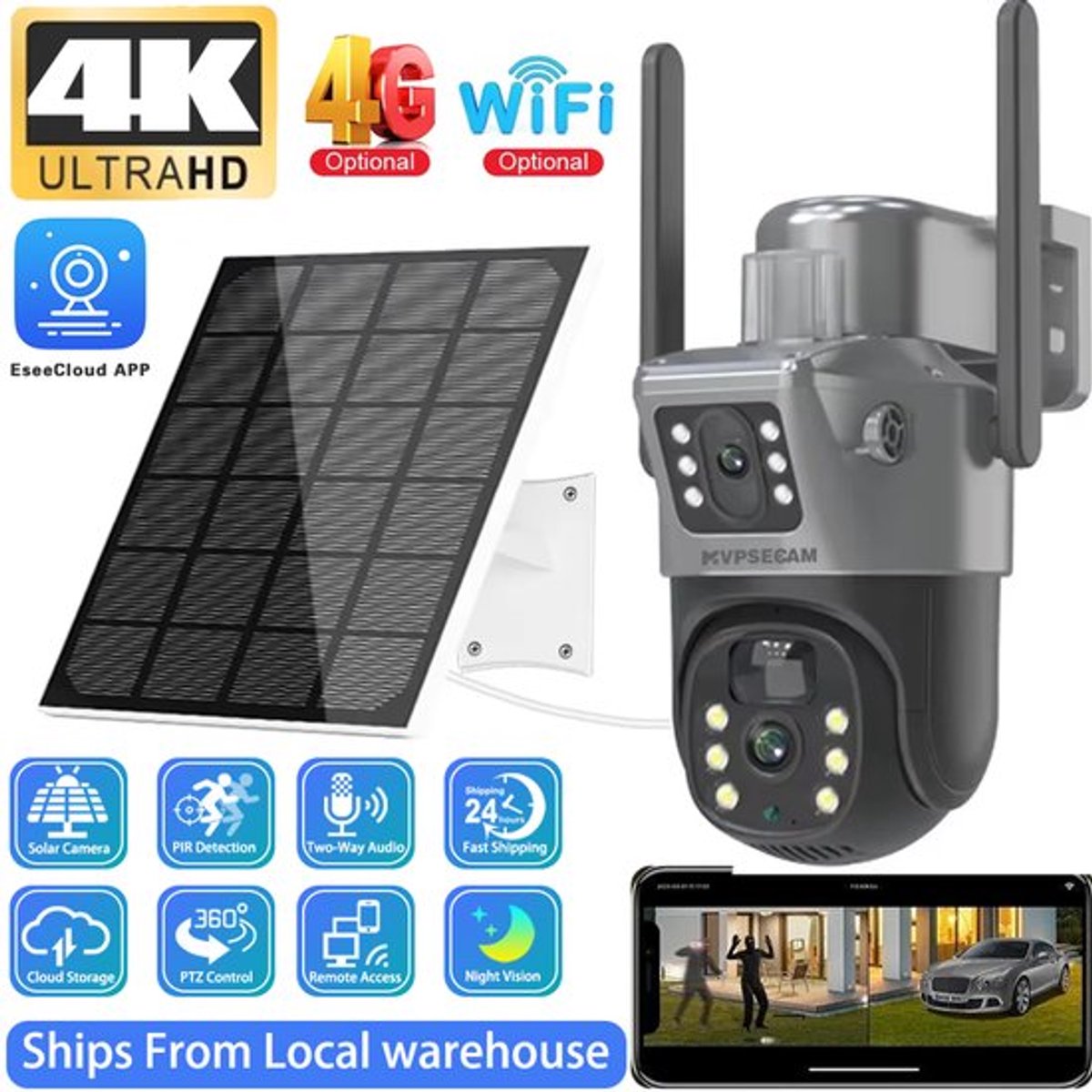 Beveiligingscamera - WIFI Solar PTZ - 8MP Dual Lens - Zwart - Buiten - Weerbestendig