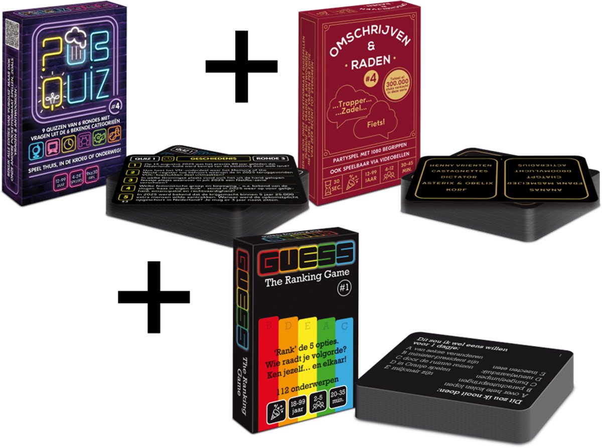 SPELLENMIX - COMBI-DEAL: Pubquiz #4 (over 2025) - quizpuzzels - pocketformaat Vragenspel - Kaartspel - Quizspel/Partyspel + Omschrijven & Raden #4 - Aanvulset/Uitbreiding - 30 seconden limiet + GUESS The Ranking Game #1 - raadspel/gespreksstarter