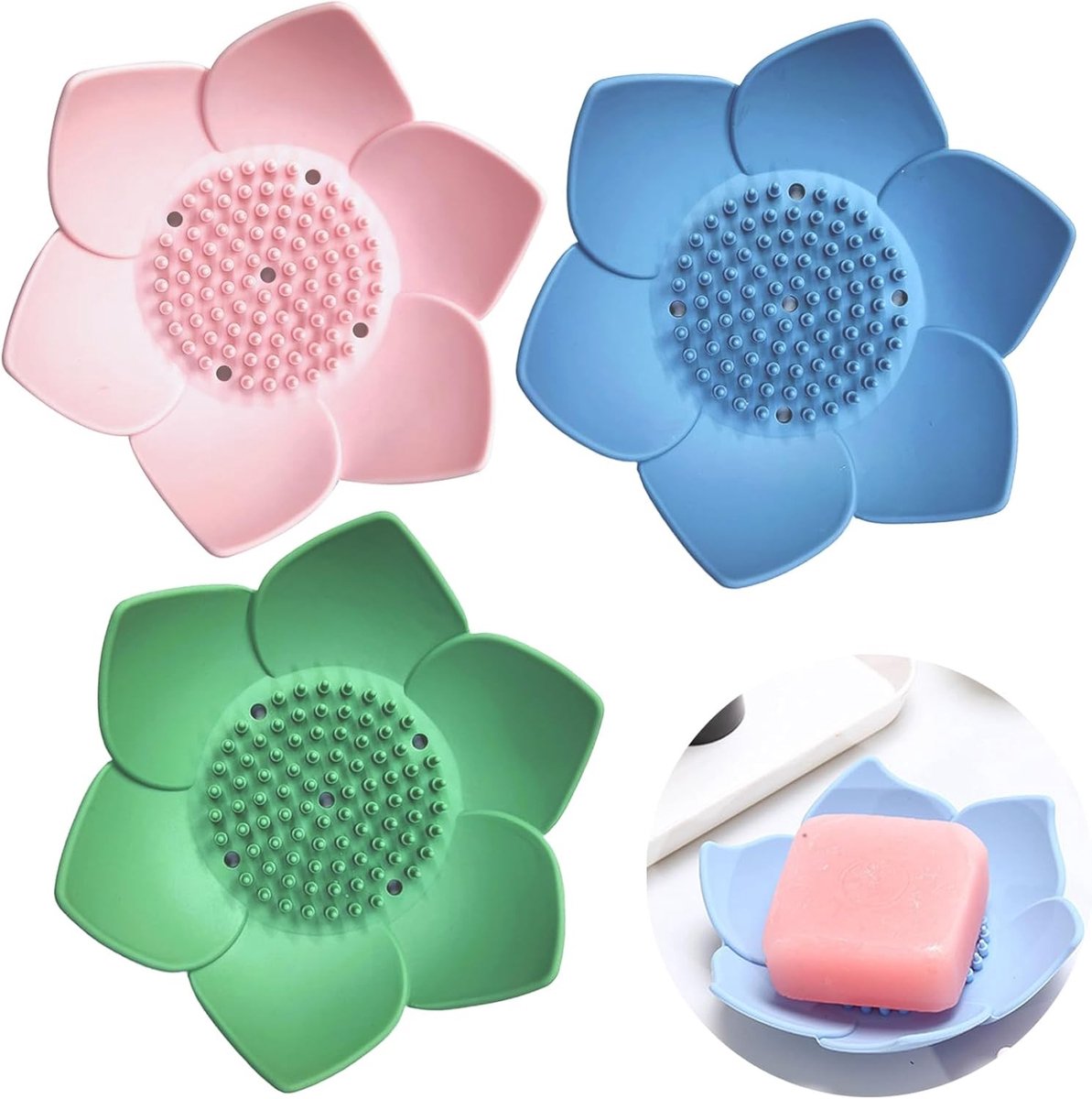 Set van 3 Zeepbakjes met Siliconen Basis, Geschikt voor Badkamer en Zeepopslag - Drie Kleuren Beschikbaar