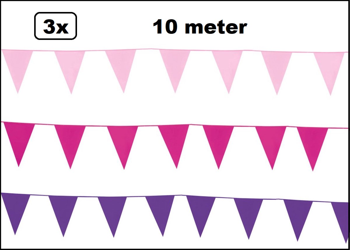 3x Vlaggenlijn roze/pink/paars 10 meter - totaal 30 meter - Foute party versiering slinger themafeest
