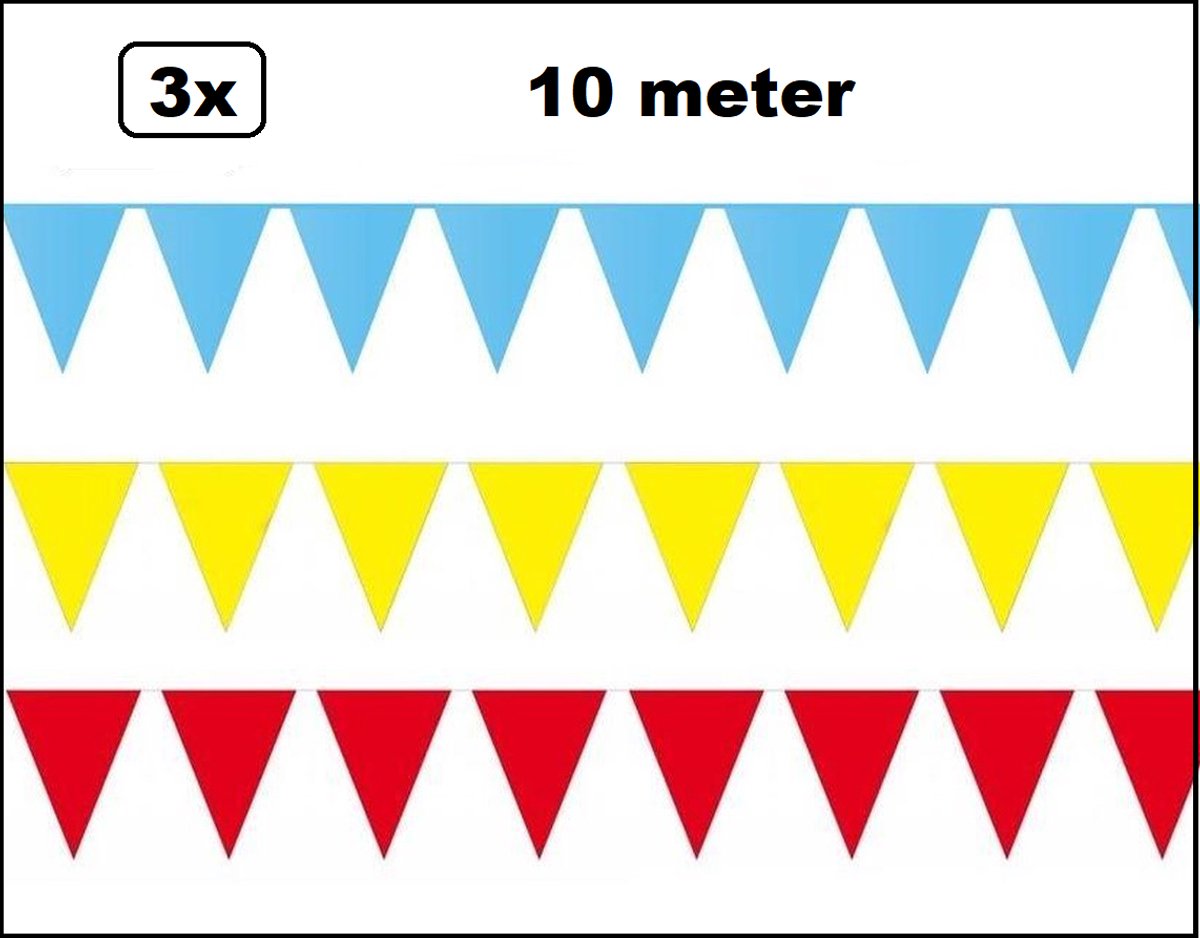 3x Vlaggenlijn lichtblauw/geel/rood 10 meter - totaal 30 meter - Foute party versiering slinger themafeest