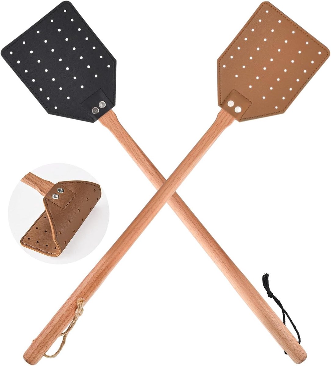 Elektrische vliegenmepper - Zwart-bruin - 2-delige set - Leren Vliegenmepper met Houten Steel - Voor Binnen en Buiten
