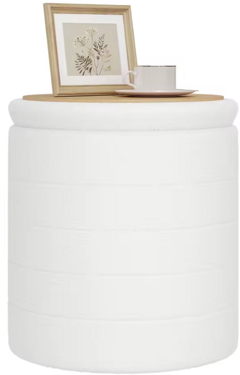 J&R Opbergpoef met Deksel – Witte Teddy Poef – Opvouwbare Zitkruk met Opbergruimte – Voetenbank & Bijzettafel – Ø40,5 cm – 150 kg