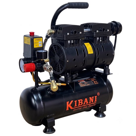 Zwarte Kibani compressor met dubbele cilinder, draaggreep, bedieningspaneel en manometer. Olievrij.