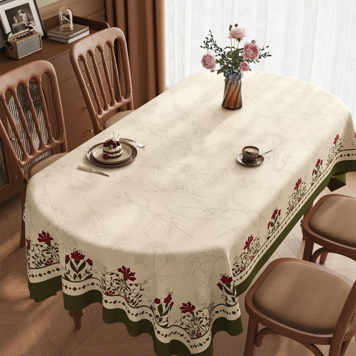 Eettafel Doek - Bloemen en bladeren - Beige Groen Rood - 120x120cm