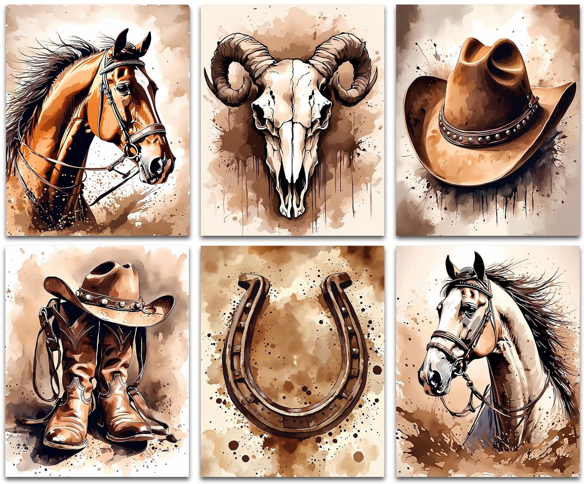 Vintage Wanddecoratie - Set van 6 Desert Cowboy Posters