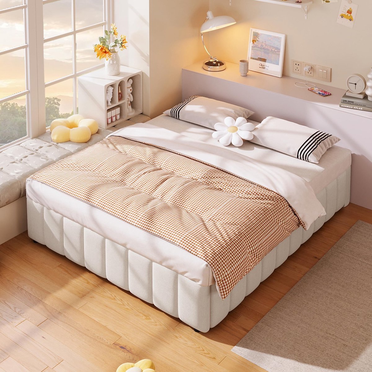Gestoffeerd Bed met Hydraulische Opslag - Beige 140 x 200 cm