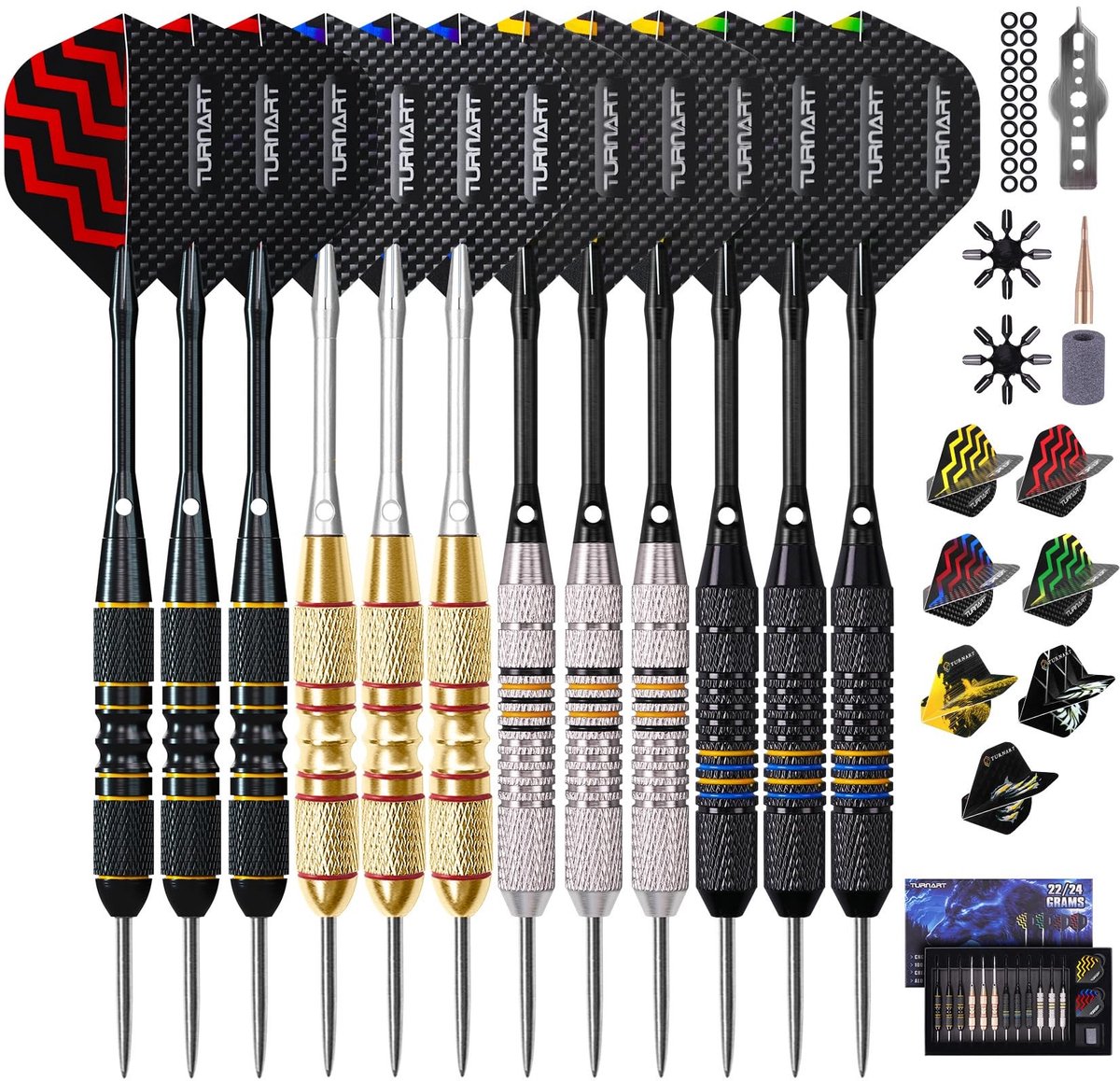 Dartpijlen Set van 9 Stuks met 24g Stalen Punten en 18 Aluminium Schachten - Inclusief Cadeau Doos
