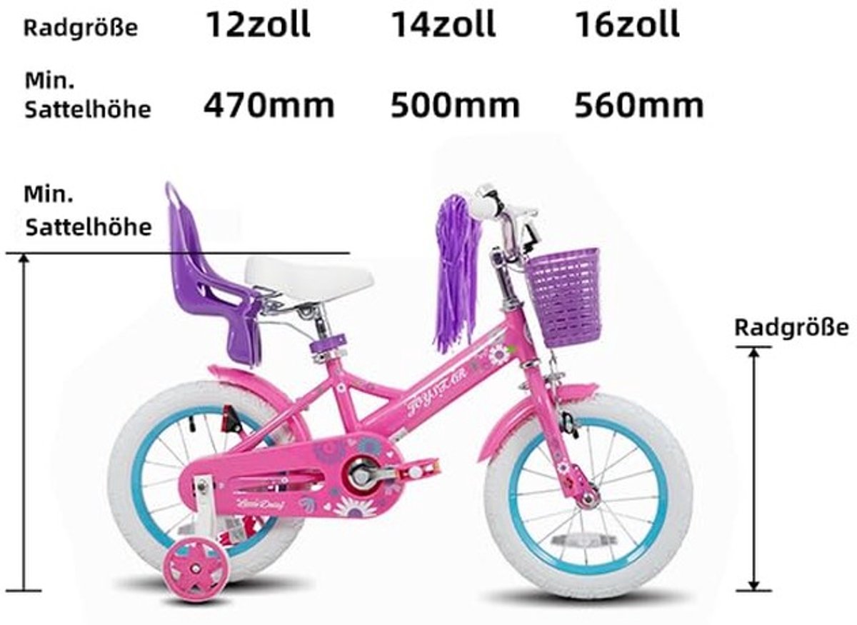 Kinderfiets met steunwielen 12 14 16 inch Meisjesfiets met poppenzitje en slingers