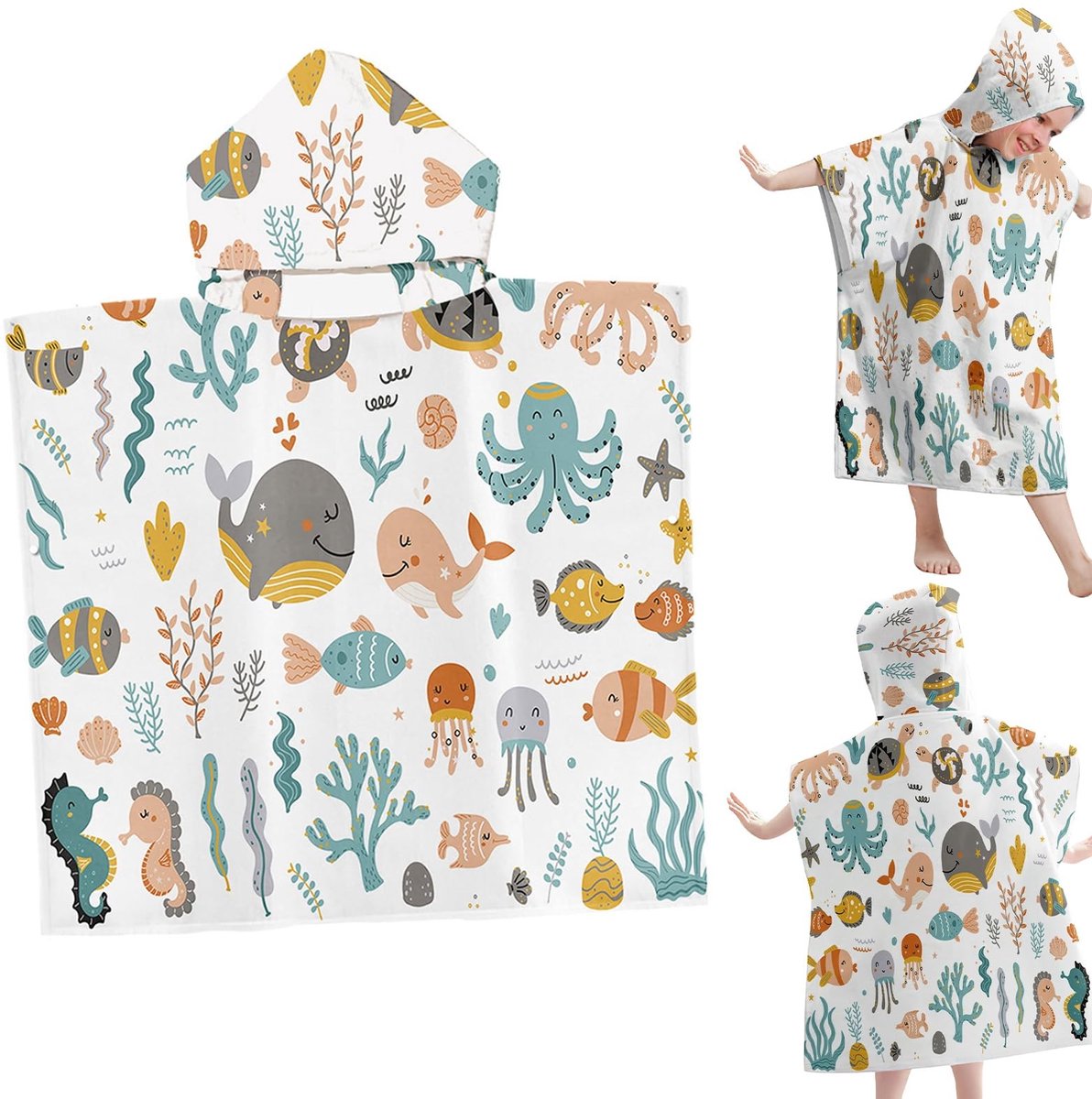 Kids Badponcho met Kap - Multikleur