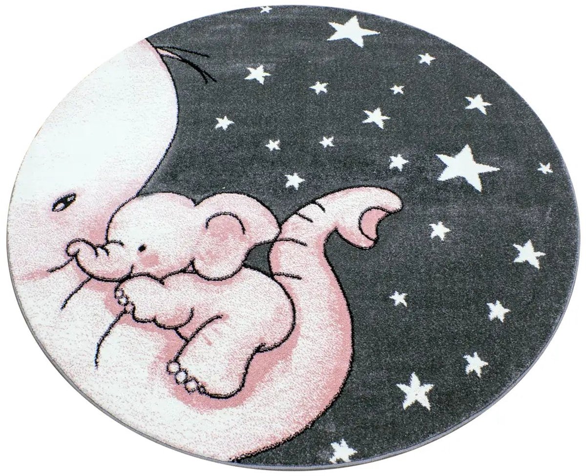 Dutch XXL Rond Kindervloerkleed | Tapijt | Kids | Olifant | Roze | 120x120 cm