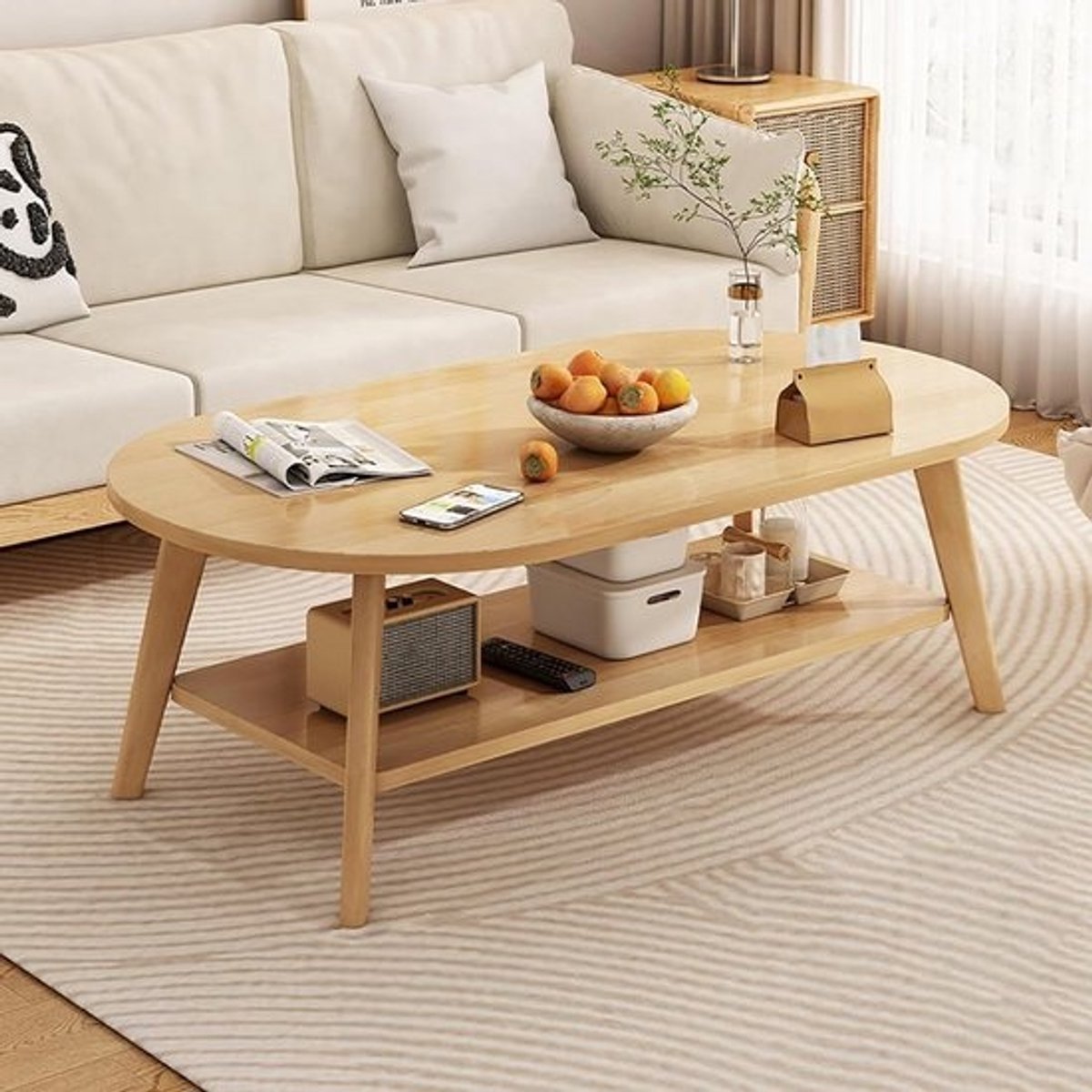 Salontafel met 2 niveaus - Ovale bijzettafel - Woonkamer organiseren - Massief eco-hout constructie - 100x50x45cm - Geel