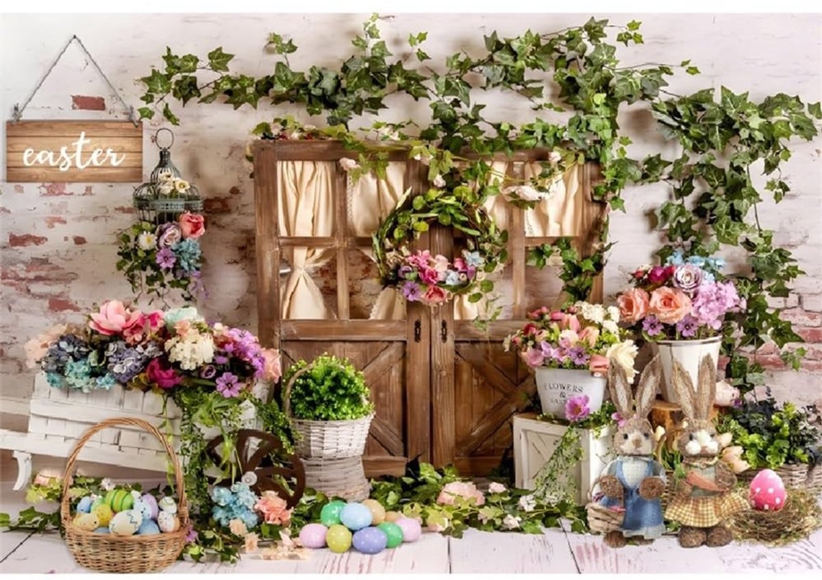 Fotobehang voor Pasen - Konijn en Eieren met Bloemen - 7x5ft