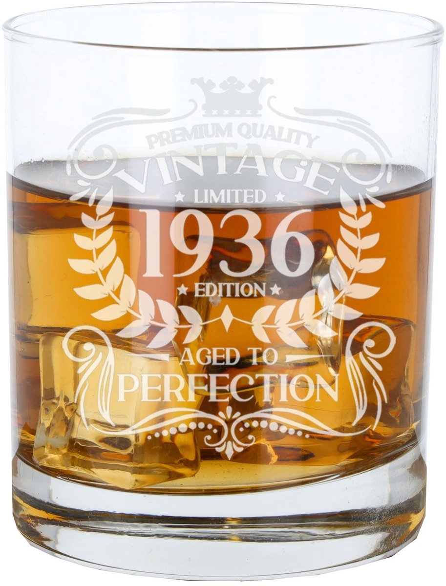 Whiskyglas 90e Verjaardag - Gegraveerd Vintage 1936 Design - 305 ml