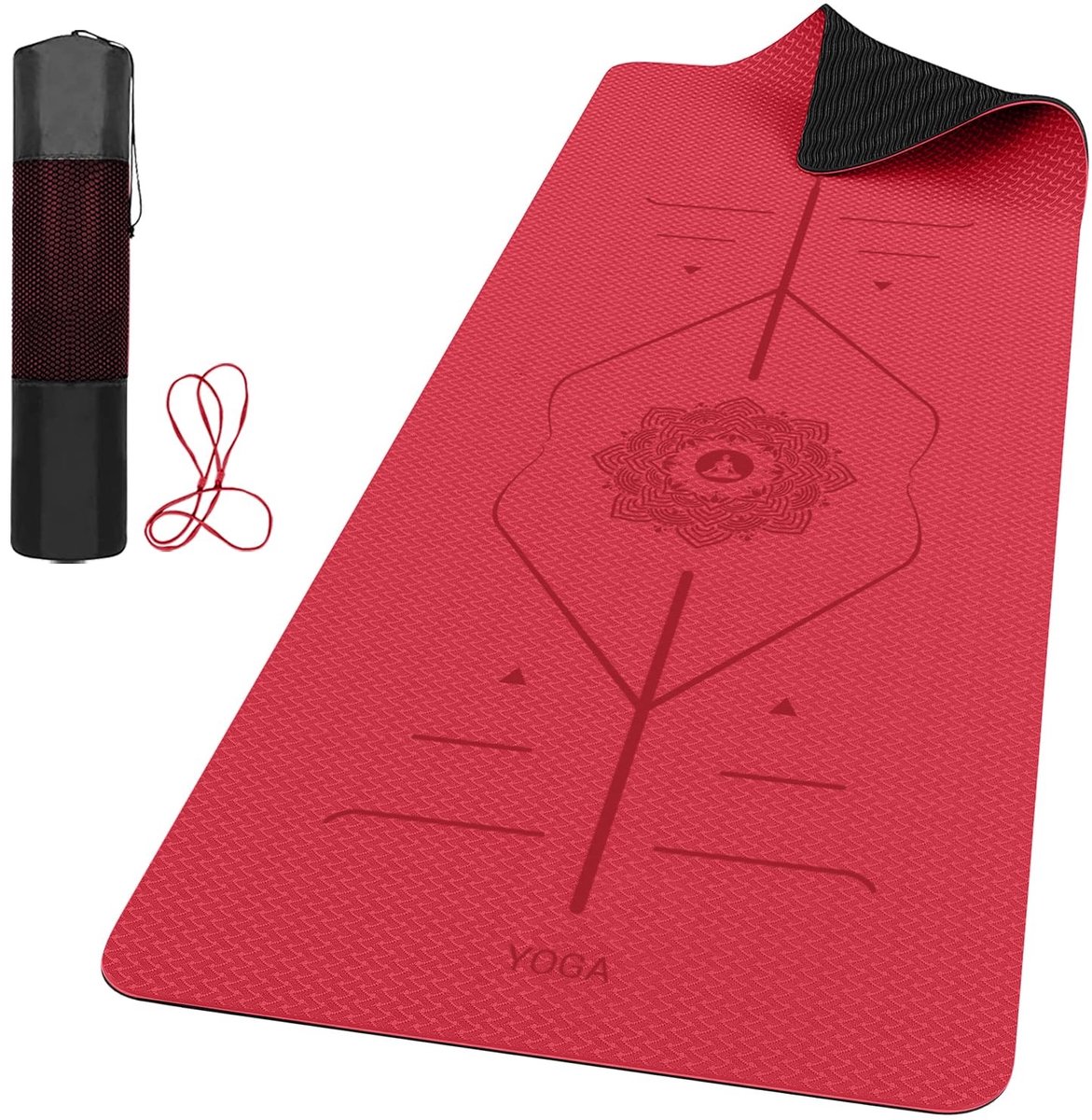 Yoga mat 6mm met uitlijnlijnen - Antislip met draagtas en riem - Rood