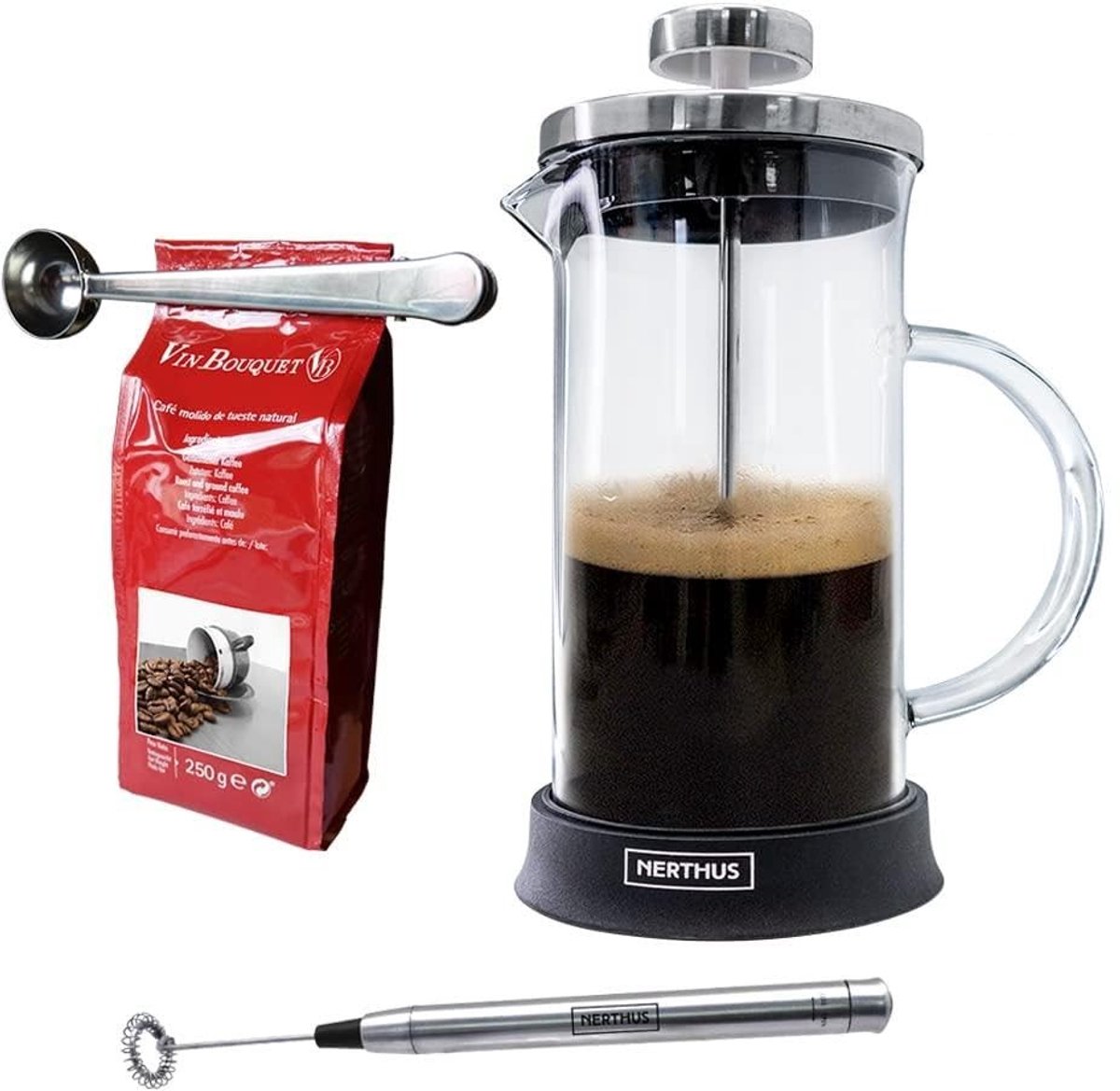 Franse Koffiemaker Set 600 ml met Melkopschuimer en Koffietang